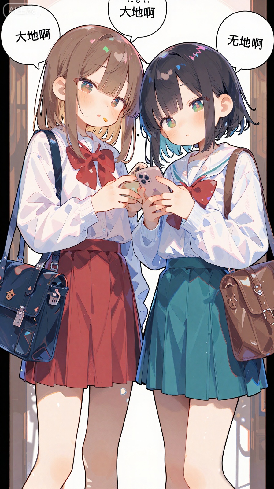 bf,2girls, bag, bow, bowtie, breasts, handbag, high-waist skirt, holding, holding bag, holding phone, long hair, long sleeves, miniskirt, multiple girls, phone, pleated skirt, school bag, school uniform, shadow, shirt, short hair, skirt, speech bubble, sweater, thought bubble, childhood friend-chan (pen nee (pensis)), onee-san (pen nee (pensis))