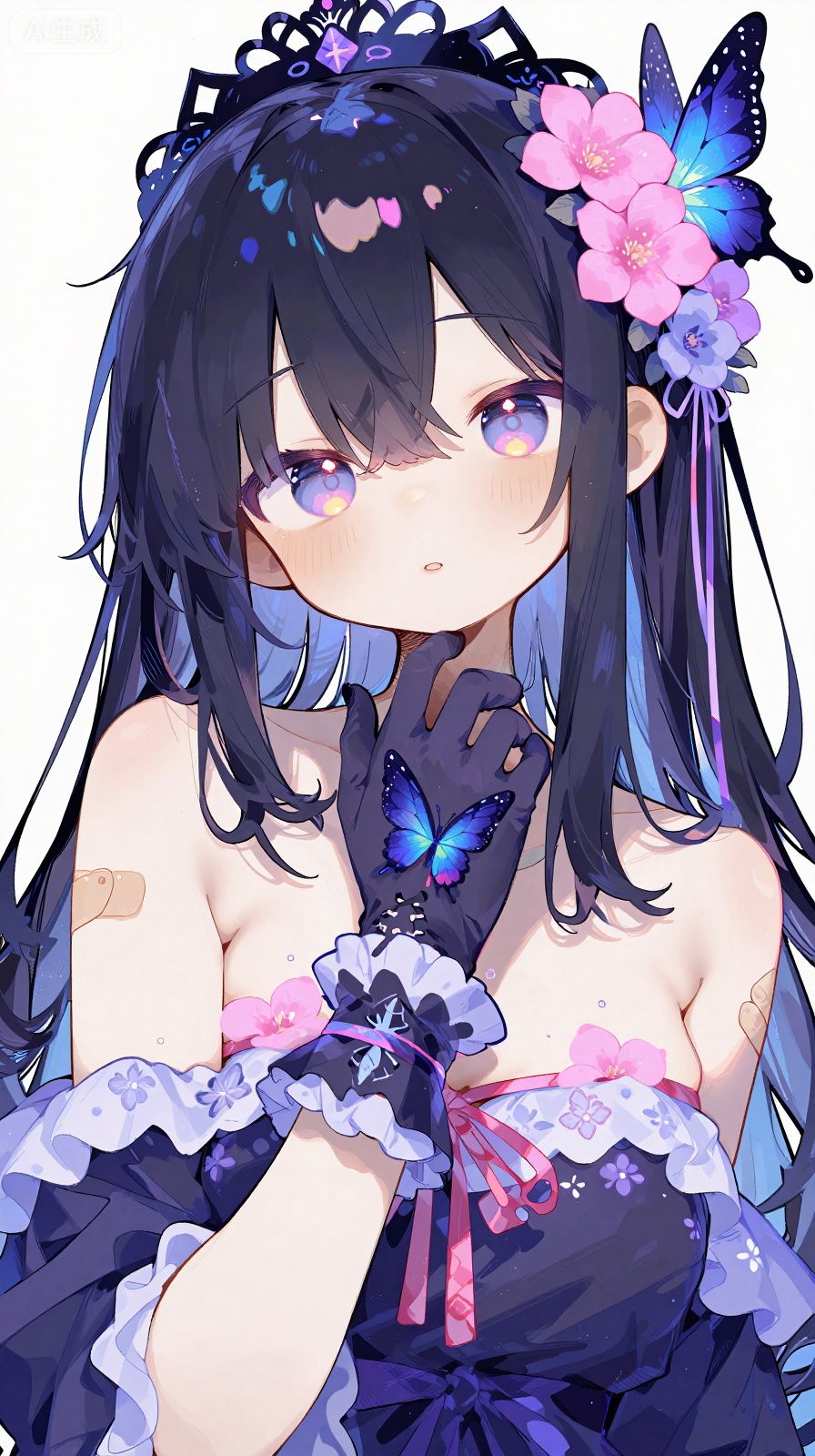bf,1girl, bandages, bare shoulders, black tiara, bug, butterfly, butterfly on hand, chest sarashi, flower, frills, gloves, hair intakes, insect, long hair, looking at viewer, parted lips, pink flower, purple eyes, purple flower, purple gloves, sarashi, simple background, solo, tiara, upper body, very long hair, white background, wrist cuffs, castorice (honkai: star rail)