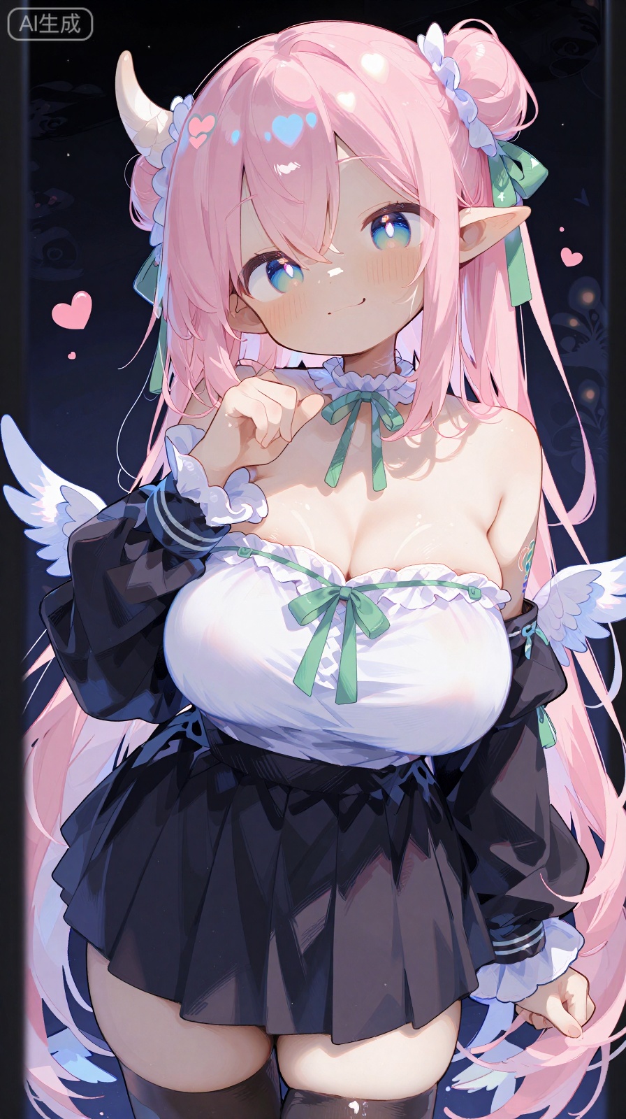 bf,1girl, :d, bare shoulders, black skirt, black sleeves, black thighhighs, blue eyes, blush, breasts, choker, cowboy shot, detached sleeves, double bun, feathered wings, frilled choker, frills, green ribbon, hair bun, hair intakes, hair ribbon, heart, heart print, horns, large breasts, long hair, long sleeves, looking at viewer, miniskirt, open mouth, pink hair, pleated skirt, pointy ears, print shirt, ribbon, shirt, single horn, skirt, smile, solo, strapless, strapless shirt, thighhighs, twitter username, white shirt, white wings, wings