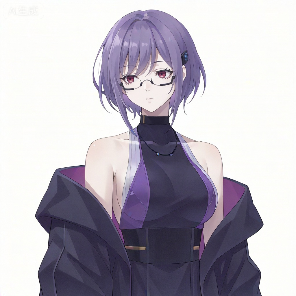 masterpiece, best quality,solo,white background,simple_background,Yuutenji Nyamu,cybersaki_style,short hair,purple eyes,red eyes,bangs,purple hair,breasts,hair ornament,glasses,jacket,bare shoulders,dress,off shoulder,open jacket,black jacket,sleeveless dress