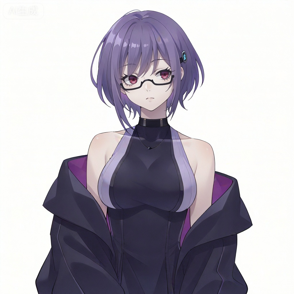 masterpiece, best quality,solo,white background,simple_background,Yuutenji Nyamu,cybersaki_style,short hair,purple eyes,red eyes,bangs,purple hair,breasts,hair ornament,glasses,jacket,bare shoulders,dress,off shoulder,open jacket,black jacket,sleeveless dress