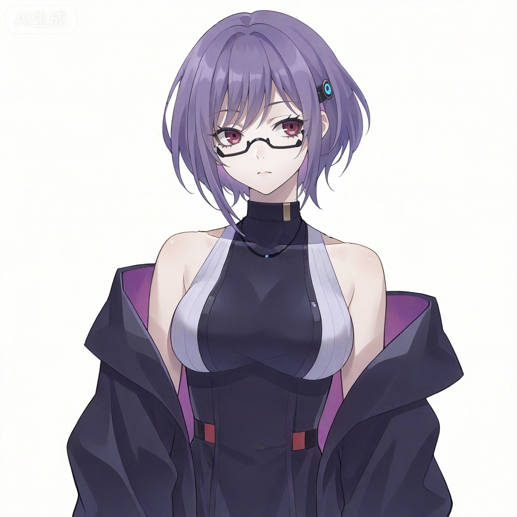 masterpiece, best quality,solo,white background,simple_background,Yuutenji Nyamu,cybersaki_style,short hair,purple eyes,red eyes,bangs,purple hair,breasts,hair ornament,glasses,jacket,bare shoulders,dress,off shoulder,open jacket,black jacket,sleeveless dress