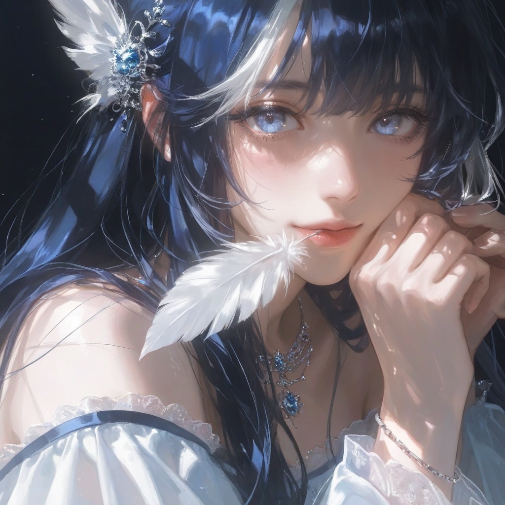 A beautiful woman ,  solo,  ((dark blue hair with white highlights)) on Tensor.Art