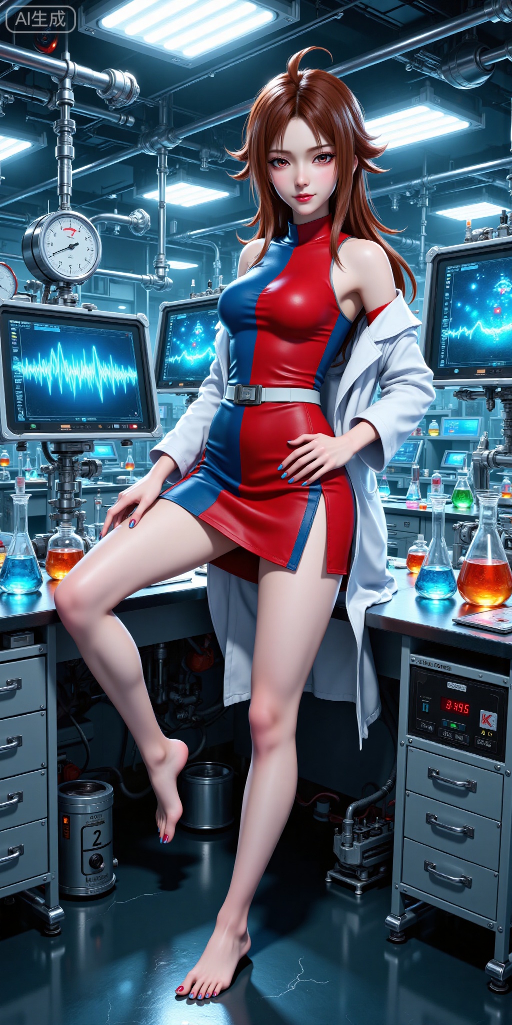 n the right leg, left leg slightly forward 5cm; right hand drooping naturally (fingertips slightly curved, coral - red nails with 2mm length), left hand gently on the belt (knuckles distinct, back of the hand with slight blue veins)). The background is a future - style laboratory (multi - screen holographic terminals (displaying quantum waveform/molecular structure, cool - tone blue light, 4K screen resolution), laboratory table full of conical flasks/test tubes (borosilicate glass material, layered colored liquids: orange/blue/green, liquid level height difference 0.5mm), cold - light ceiling lamps (LED bar - shaped light, 6500K color temperature), warm - light fill lights (soft - light罩diffusion, 3000K color temperature), background equipment details (metal pipelines/pressure gauges/scale instruments clear, scale accuracy 0.1mm)). The style is Japanese anime realistic (cel - shading + 3D light and shadow layering, edge sharpening with +15% sharpening value), 8K ultra - clear (hair strands clearly visible, fabric wrinkles naturally following the body curve, skin smooth without blemishes, instrument reflection/reflection clear), high - saturation colors (red - blue contrast strong but not glaring, warm - cool light transition natural), the atmosphere is intellectual and sexy (professional scientific research aura + elegant aura, confident eyes, smiling at the corners of the mouth), high - definition sharpening, no noise, rich light and shadow levels (1024 - level highlight/shadow transition).