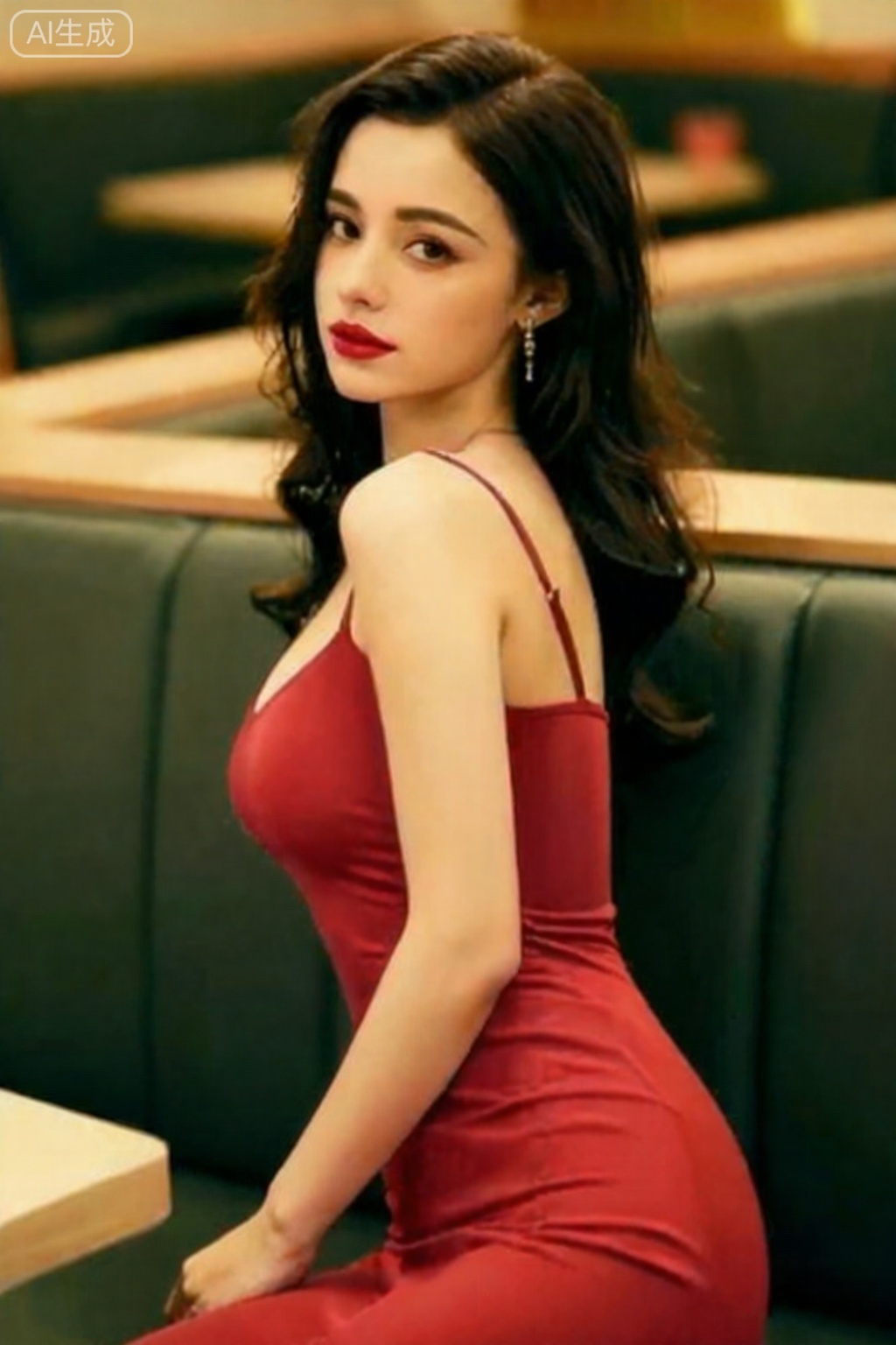 1女孩,鞠婧依,真人美女摄影,港风女性魅力典范,一位黑发红唇的美女坐在复古咖啡馆的卡座里,身着修身红色连衣裙,侧身回眸,曲线玲珑,风情万种。镜头参数：蔡司Planar 50mm f/1.4, f/2.8, 1/60s, ISO 800。小红书复古胶片感,电影氛围,浓郁色调。,eluosi