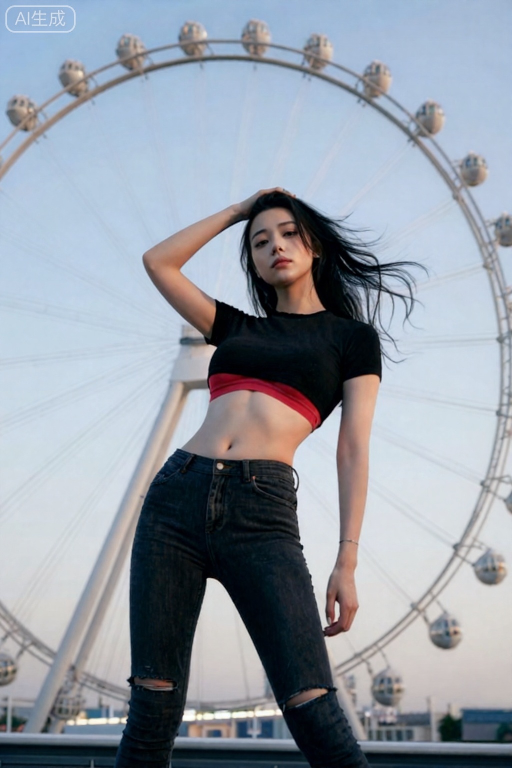 1女孩,鞠婧依,真人摄影, ,
This photograph captures a young woman standing in front of a large Ferris wheel, taken from a low, upward angle. She has light skin and long, black hair that is slightly tousled. She is wearing a black, short-sleeved crop top and high-waisted,part of red bra can be seen, dark-wash skinny jeans with ripped knees, emphasizing a casual, edgy style. Her left hand is lifted, running through her hair, while her right arm hangs by her side. She wears a silver bracelet on her right wrist. The Ferris wheel behind her is illuminated with white lights, creating a contrast against the pale blue sky. The composition follows the rule of thirds, with the woman positioned off-center to the right, leading the viewer's eye up to the Ferris wheel. The lighting is natural, likely from the sun, providing even illumination without harsh shadows. The overall mood of the image is casual and adventurous, capturing a moment of youthful spontaneity.,eluosi