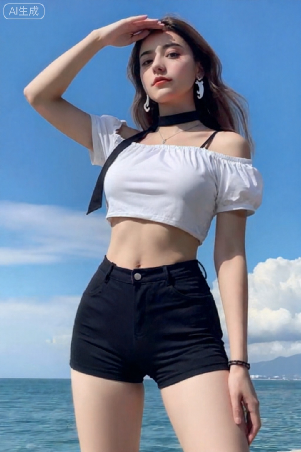 
 cowboy shot, Blue sky, white clouds, ocean,nai3, 1girl, shorts, solo, crop top, black shorts, choker, navel, shirt, midriff, crop top overhang, looking at viewer, white shirt, jewelry, breasts, bare shoulders, short shorts, off-shoulder shirt, off shoulder, black choker, thighs, stomach, hand on own thigh, long hair, bracelet, short sleeves, ribbon, hand up, collarbone, hair ribbon, medium breasts, standing, high-waist shorts, dolphin shorts, bra strap, , hair ornament, thigh gap, necklace, expressionless, , ,kind smile, ,eluosi