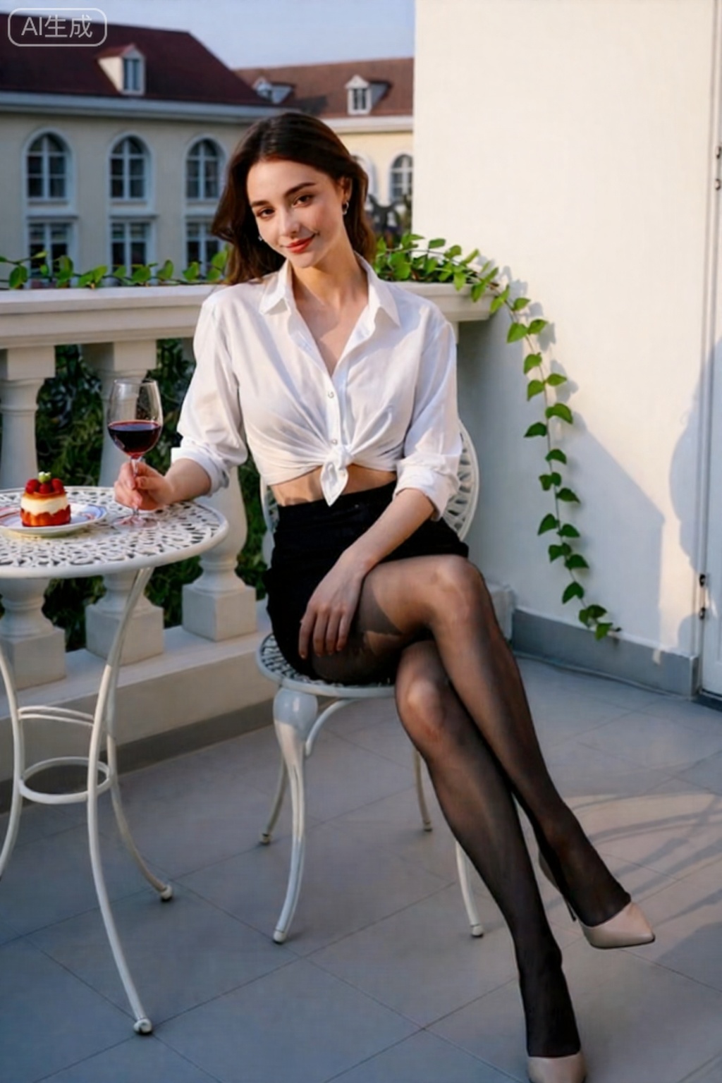 
 法式露台场景,露台铺着浅灰色地砖,摆放着白色铁艺桌椅（桌上放着一杯红酒与法式甜点）,背景是法式建筑（有拱形窗户、红色屋顶）,露台边缘有白色栏杆（爬着绿色藤蔓）,整体氛围法式浪漫,充满优雅气息。
 美女坐在铁艺椅子上,上半身前倾看向镜头,嘴角露出优雅微笑,眼神温柔知性,一手搭在桌沿（指尖轻触红酒杯）,一手自然放在腿上,露腰短款法式衬衫（白色,解开两颗纽扣,下摆打结）凸显腰线,搭配黑色高腰半身短裙、黑色超薄黑丝与米色细跟高跟鞋,腿部交叉摆放展现完美腿型,胸部线条饱满自然,姿态优雅不僵硬。
 富士X-T5 相机,33mm F1.4 定焦镜头,光圈F2.2,快门速度1/180s,ISO160,白平衡5300K,胶片模拟模式设为“Eterna”,RAW 格式,保证法式甜点、衬衫面料细节清晰,皮肤质感细腻,去AI 感。
 下午3 点柔和侧光（阳光从左侧照射）,在人物面部形成轻微明暗对比,右侧用白色反光板补暗部,皮肤呈现雪白细腻的通透感,衬衫褶皱处光影过渡自然,藤蔓叶片光影清晰,增强法式浪漫感。
 ,采用三分法构图,人物位于左侧三分之二区域,头部靠近画面上方,腿部延伸至右下角,背景法式建筑适当虚化（虚化程度50%）保留轮廓,桌上红酒杯、甜点细节清晰,整体画面平衡且具法式优雅感,适合壁纸使用,eluosi