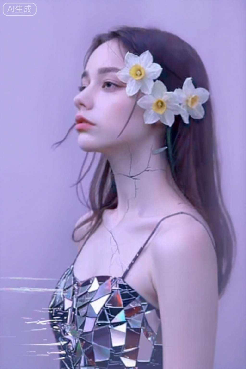 多重曝光叠影,对焦摇摆,镜面反射扭曲,高明度淡紫调。女子与倒影虚实交错,发丝缠绕镜中水仙花,颈部蔓延玻璃裂纹,衣裙缀碎镜片。潮湿反光地板,色散虹彩,迷离破碎之美。。。,eluosi