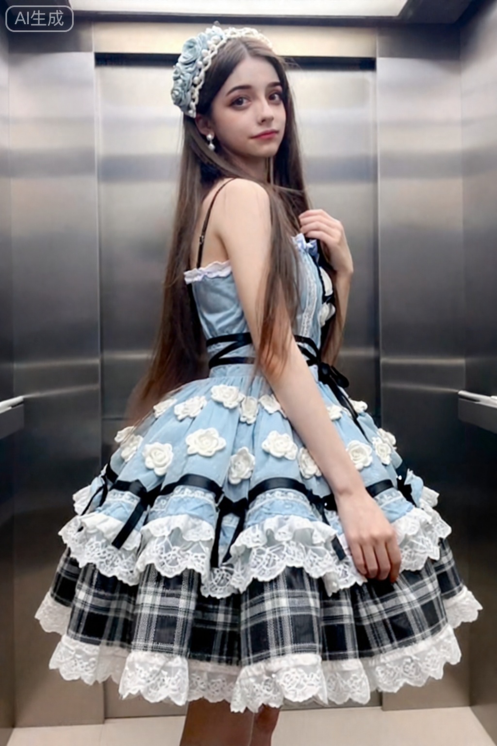 真实照片,reality,
Masterpiece-level image quality, top quality, high quality, (low-angle macro shot from above), huge breasts, (black hair: 1.4), (long legs: 1.3), (slim legs: 1.4), 1 girl, An extremely ordinary iPhone selfie with no clear subject or sense of composition, just a casual snapshot. The photo has slight motion blur, slight overexposure caused by uneven sunlight or indoor lighting, wild beauty, exquisite facial features (slim face, big eyes, straight nose, cherry mouth, pointed chin), thin model figure, straight long thin brown hair, xhs beauty, ethereal feel, natural feel, white moonlight feel, hair accessories, earrings , Chuchu, a touch of happiness, priority for high scores and likes, visual capture points, tiredness, reliance, looking back, touching shoulders, breasts, reluctantly present, photo, super long hair spread to cover cheeks and chest, dressed, skinny but proud figure, 8k extremely high definition, front view, wet, mirror, elevator - Skirt: The main colors are light blue, white and black, with a multi-layered and complicated design. The skirt is covered with three-dimensional flowers, lace, and spliced ​​with black and white plaid fabrics. The waist is decorated with black cross straps and bows. The skirt is rich in layers, showing a gorgeous and delicate feel.​- Accessories: Pair it with a headdress decorated with pearls and flowers, echoing the style of the dress. The overall look is full of the luxury and fantasy of Lolita clothing.,eluosi