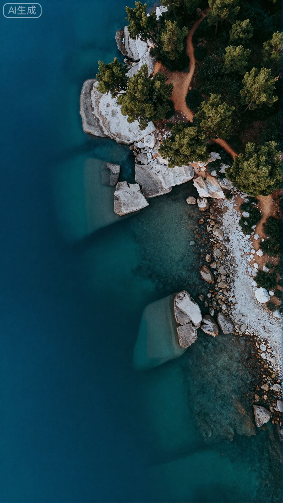 精美手机壁纸,
清晨的海岸航拍视角,澄澈如镜的海水近岸是透亮的绿松石色,随离岸渐远晕染成深邃的幽蓝,阳光穿透水面,能清晰看见水下错落的岩石。海岸线上,灰褐色岩石间散落着几处白色风化岩,像镶嵌的碎玉。岸边山坡被茂密的绿色松树覆盖,层层叠叠的枝叶织成翡翠般的森林。一条蜿蜒的黄土小径从林间穿出,顺着地势延伸至岩石海岸。阳光在海面上洒下金箔般的光斑,海风拂过,松涛与浪声交织,整个画面在蓝、绿、白的鲜明对比中,透着宁静悠远的诗意。