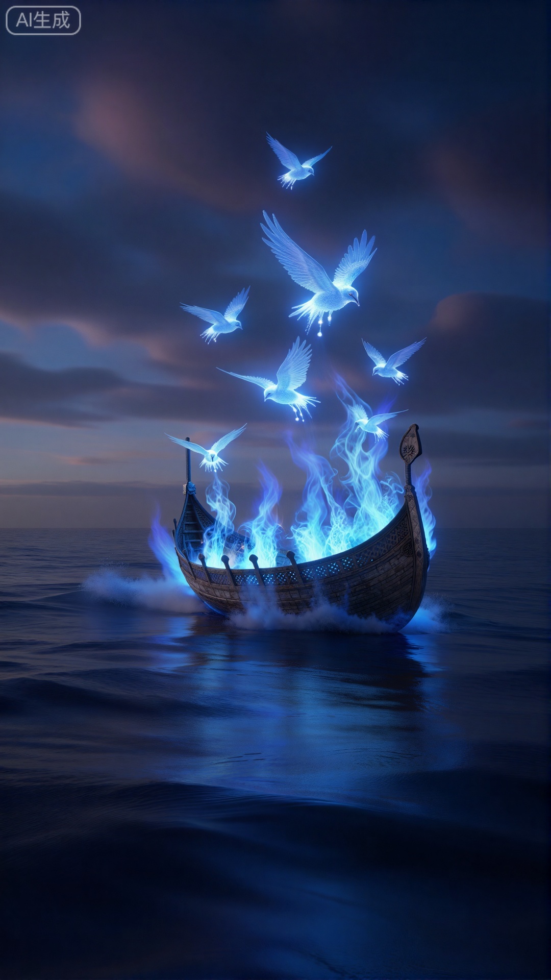 精美手机壁纸,Viking funeral ship engulfed in magical non-destructive blue flames, drifting to sea at twilight. Flames turning into birds of light ascending. Emotional, epic, fantasy illustration.