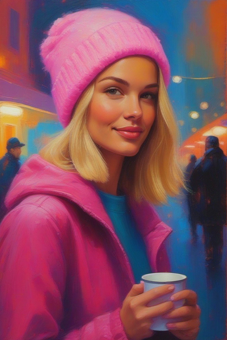 annrin_oilgouache_urban style,  oil painting mixed with gouache,  closeup of a young woman with short straight blonde hair...