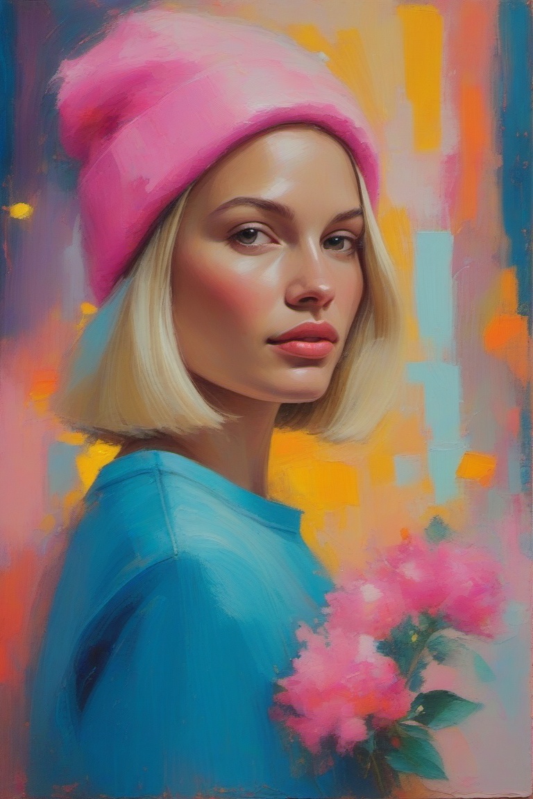 annrin_oilgouache_urban style,  oil painting mixed with gouache,  closeup of a girl with short straight blonde hair on Ten...