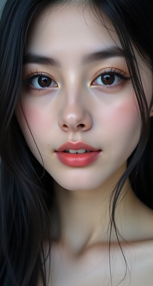 Generate a real-world photograph realistic photography 1girl solo looking at viewer black hair parted lips teeth black eye...