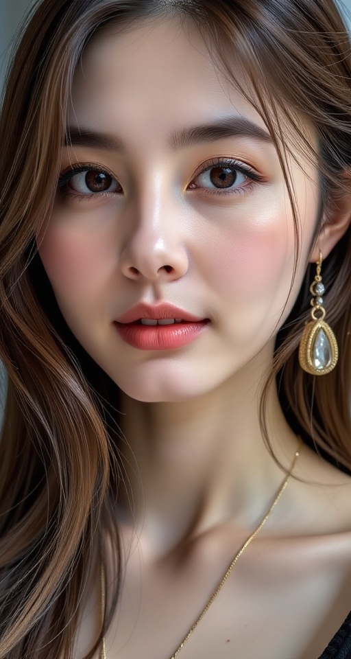 Generate a real-world photograph realistic photography 1girl solo long hair looking at viewer smile brown hair jewelry clo...