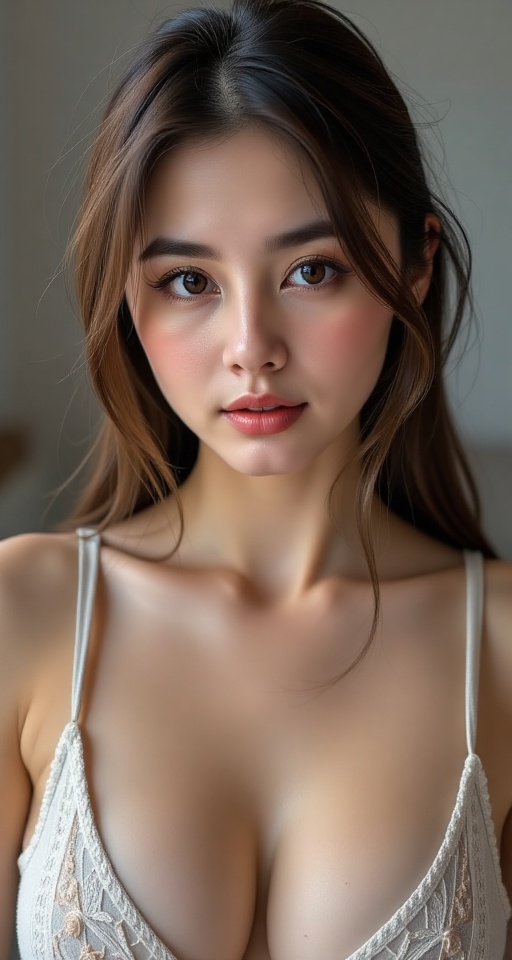 Generate a real-world photograph realistic photography 1girl solo breasts looking at viewer brown hair cleavage brown eyes...