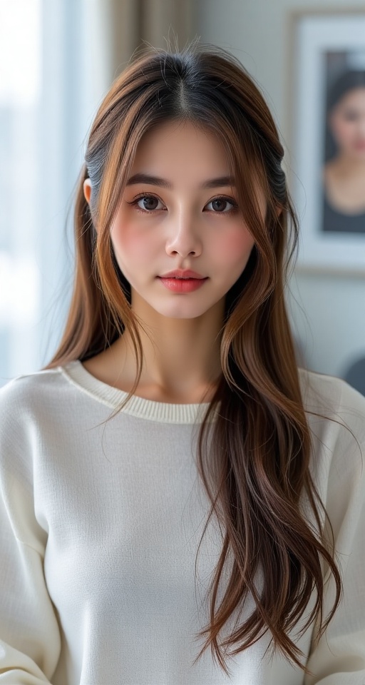 Generate a real-world photograph realistic photography 1girl solo long hair looking at viewer brown hair brown eyes upper...