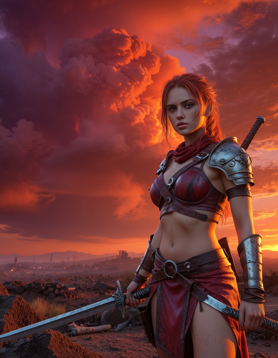 ehdusk5,  hvision3,  portrait of a warrior girl of the wasteland with a sword on Tensor.Art