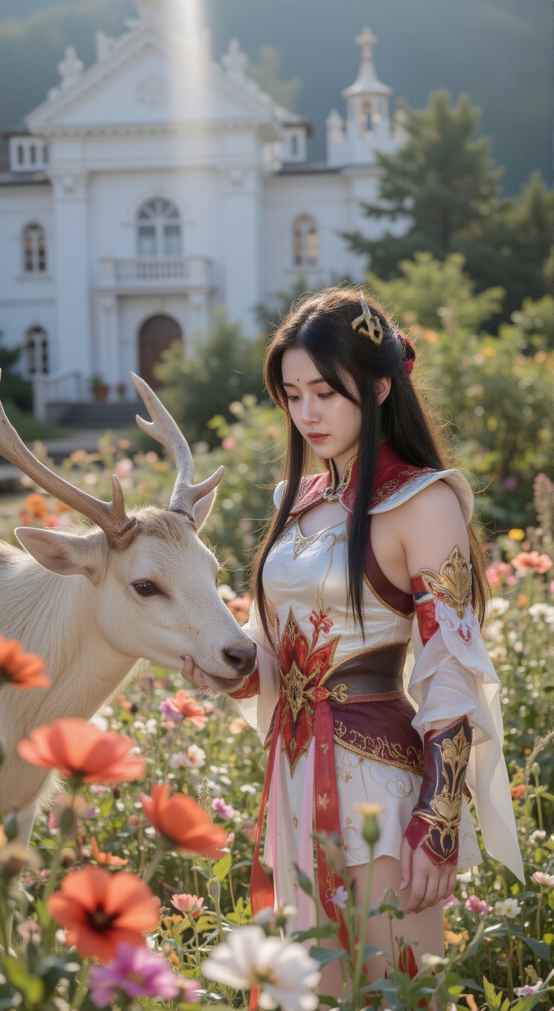 Create a scene where a young woman with long black hair and wearing silver armor adorned with intricate cloud patterns and...