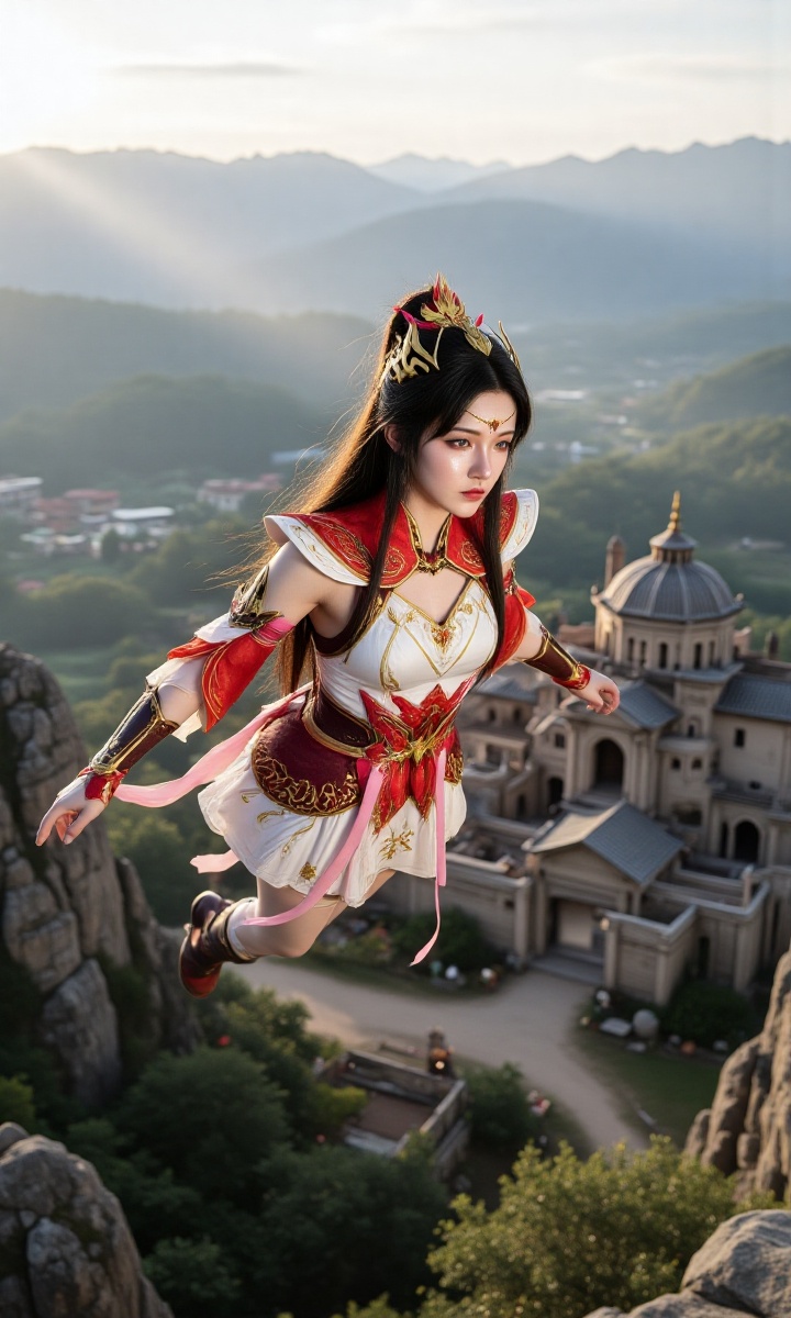 a warrior princess flying over an ancient town,  mountain on Tensor.Art