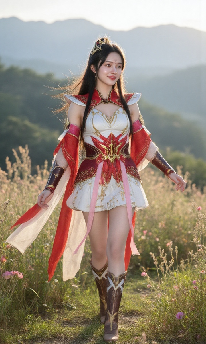 a happy young woman clads in warrior cloth,  effortless pose,  walks on Tensor.Art