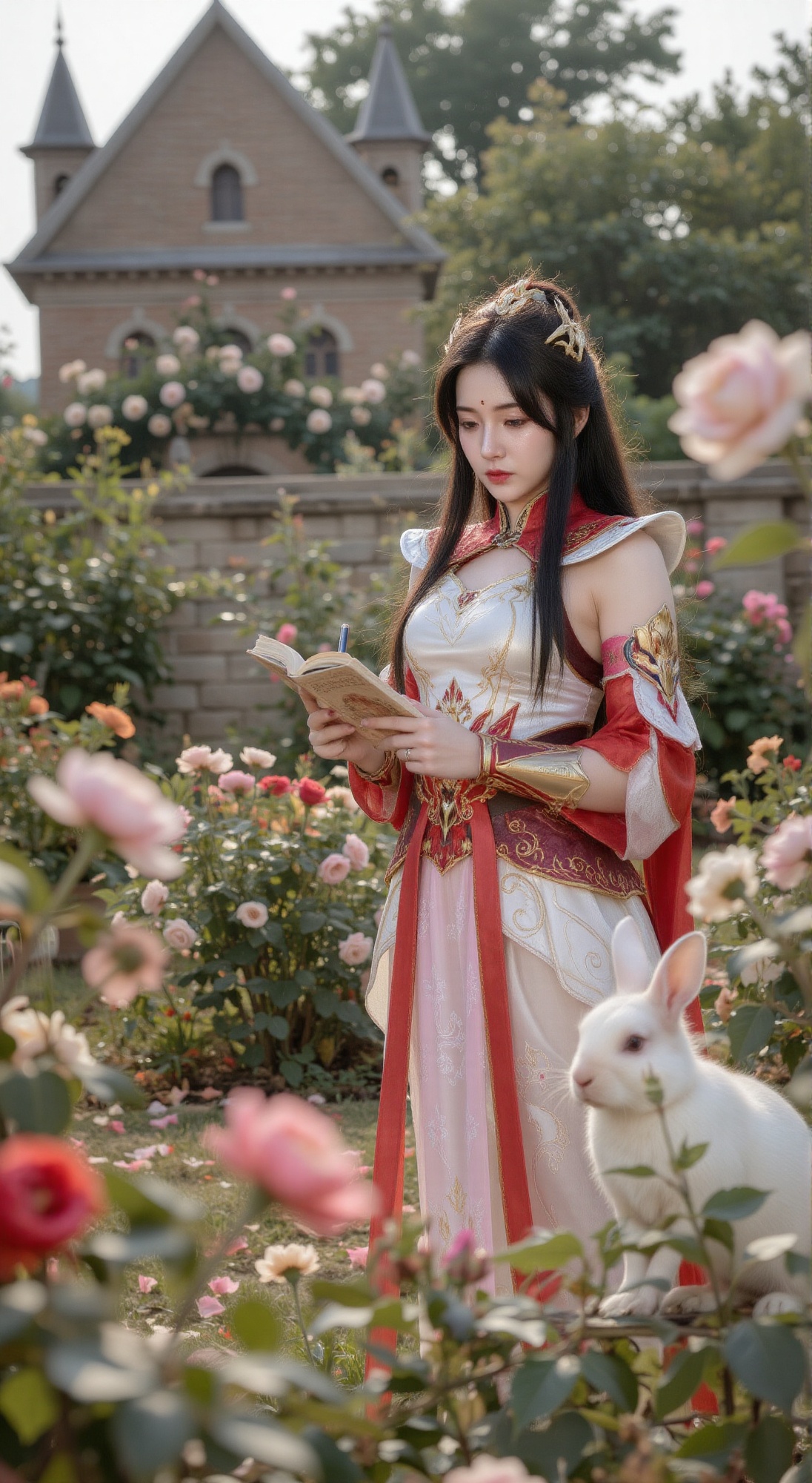 Create a detailed scene of a young woman with long black hair,  her silver armor adorned with cloud patterns and trimmed w...