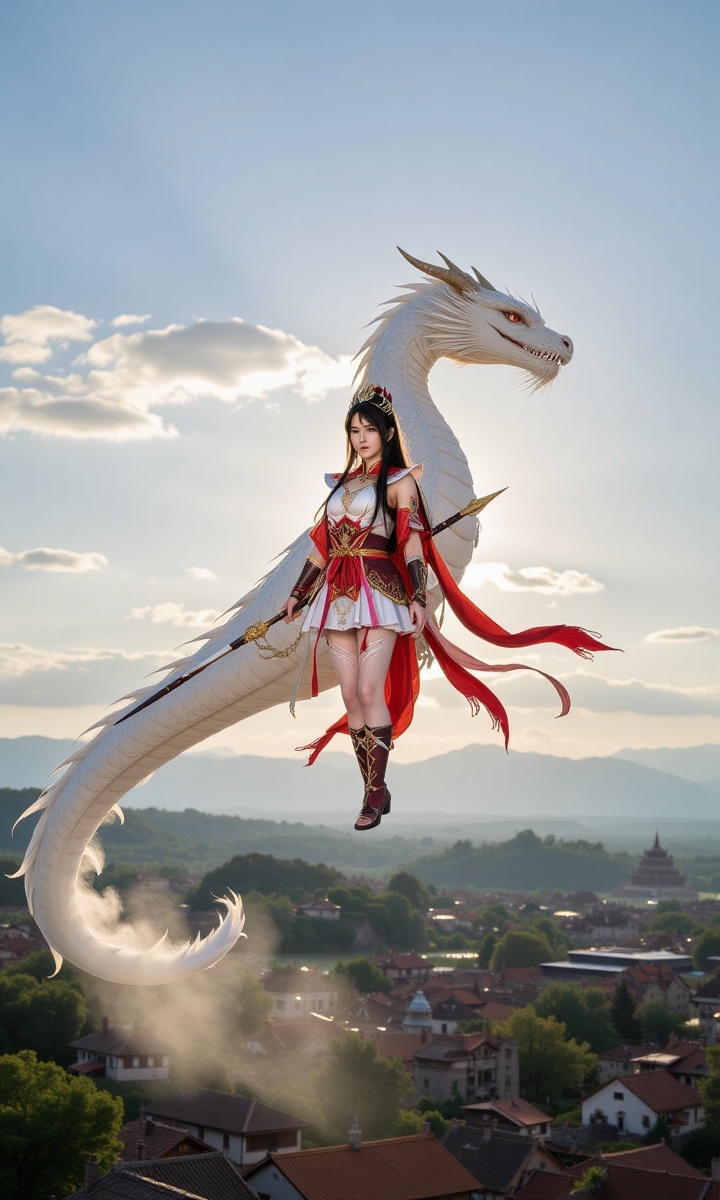 Create an anime-style illustration of a warrior girl standing in mid-air above an ancient town. She wears red and white cl...