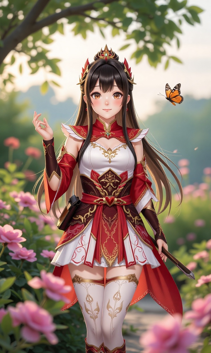 Create an anime-style illustration of a warrior girl in a red and white clothed outfit. The scene should have a soft focus...