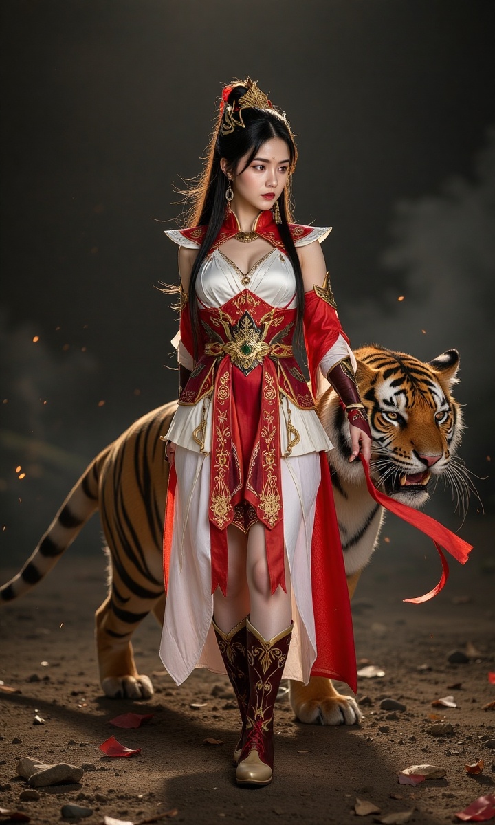 Create a scene featuring a powerful warrior woman in red and white warrior cloth,  standing in an effortless pose as she p...