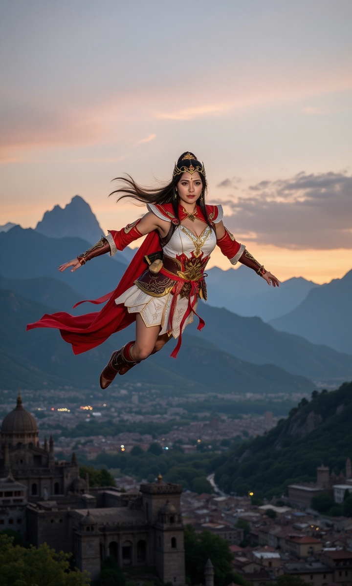 Create a scene where a powerful warrior woman,  dressed in striking red and white warrior cloth,  is soaring gracefully th...