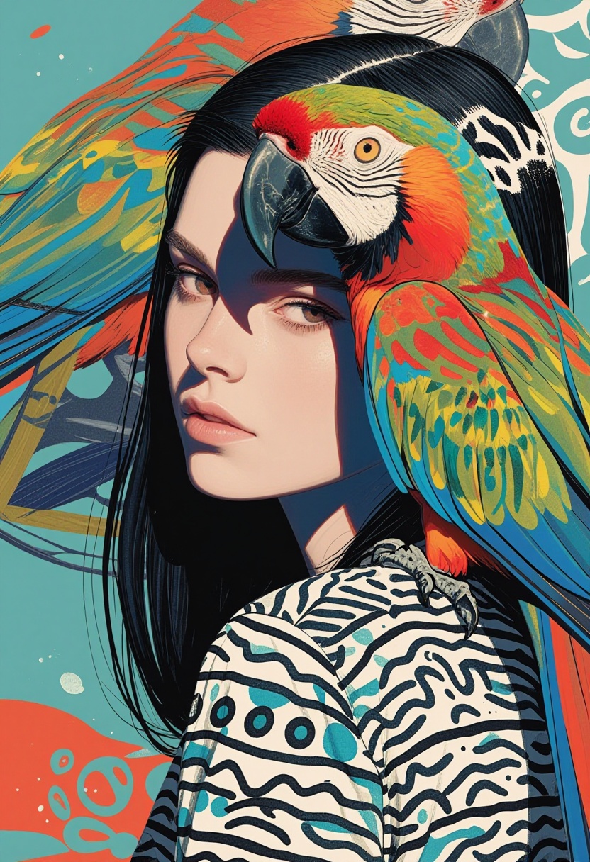 animaport of a woman with sleek black hair and a parrot perched on her shoulder,  against a gradient teal background,  vib...