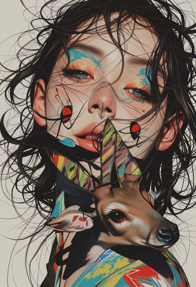animaport,  digital illustration of portrait asian woman with wavy dark hair and a gentle deer,  set against a light gray...
