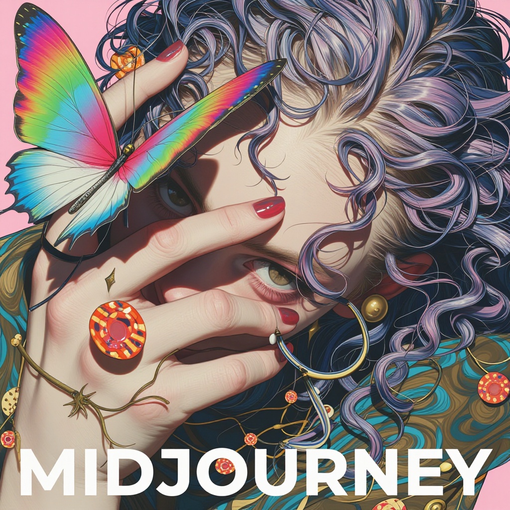 epic text that read "MIDJOURNEY" below her portrait,  animaport of a woman with wavy purple hair and a big rainbow colored...