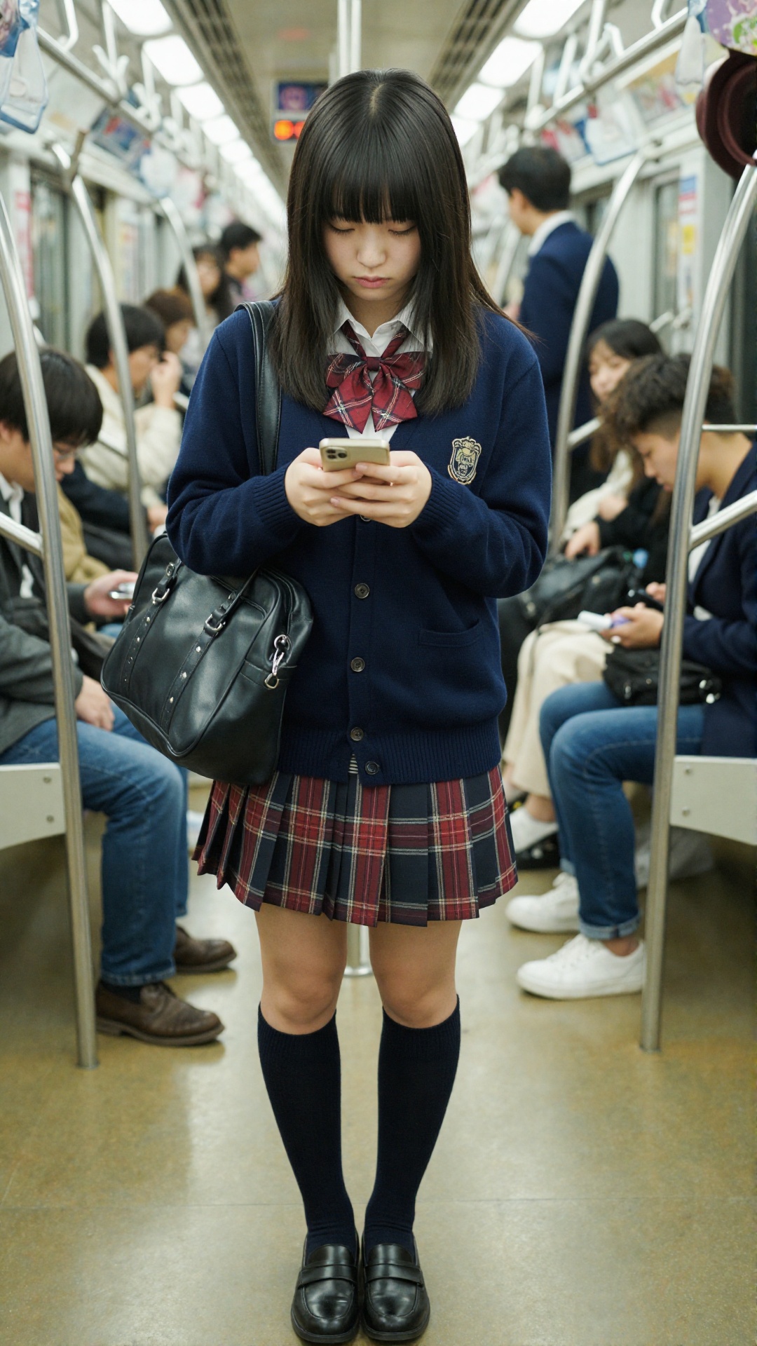 A cinematic documentary-style photograph of a Japanese high school girl standing in a crowded subway train during morning...