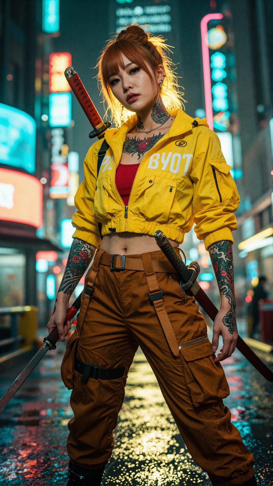 A cinematic low-angle photograph of a young Asian woman in her 20s,  styled as a modern cyberpunk samurai warrior. She sta...