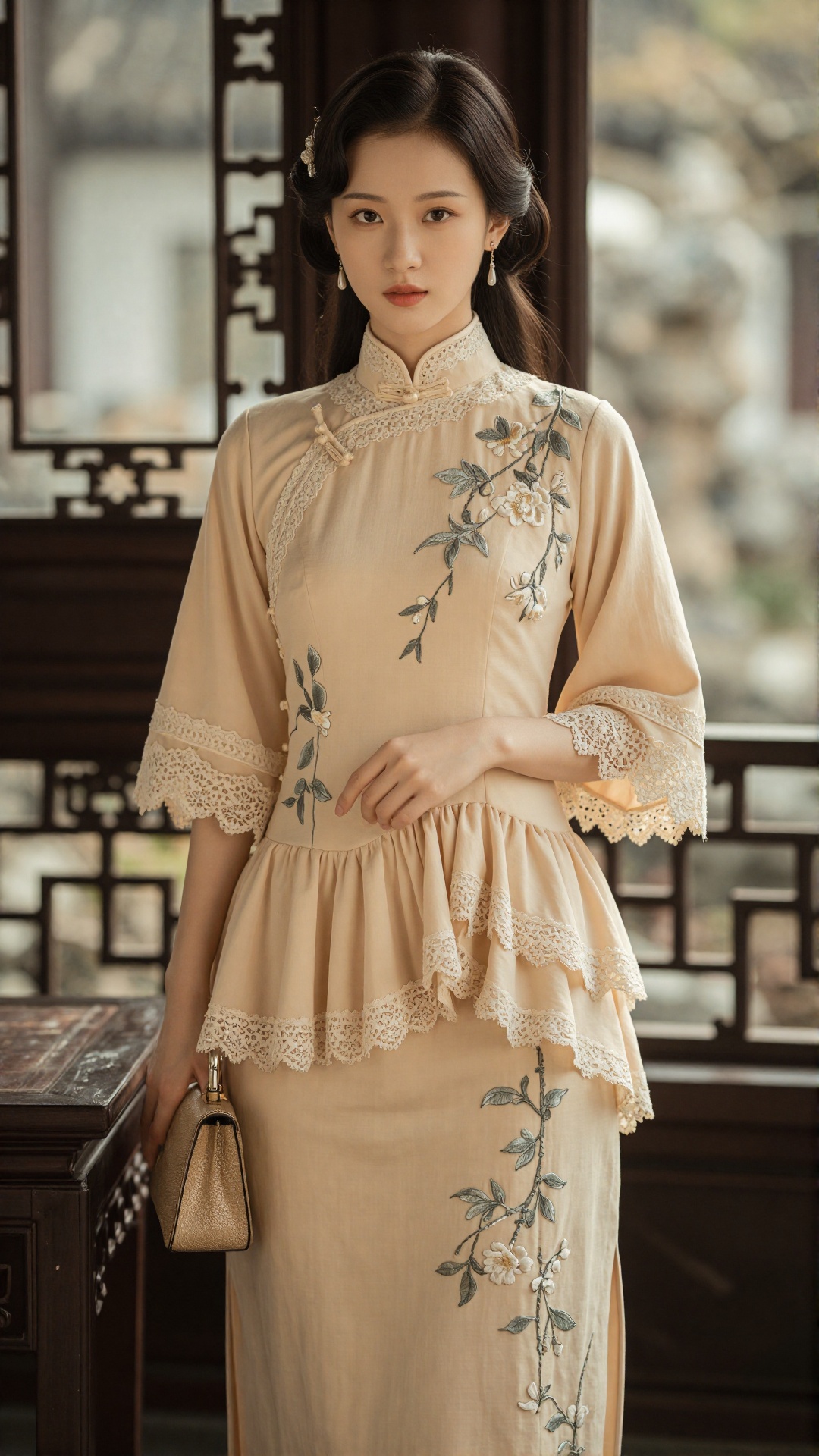 A cinematic fashion portrait of a young Asian woman in an elegant neo-Chinese style dress. She wears a champagne beige mod...