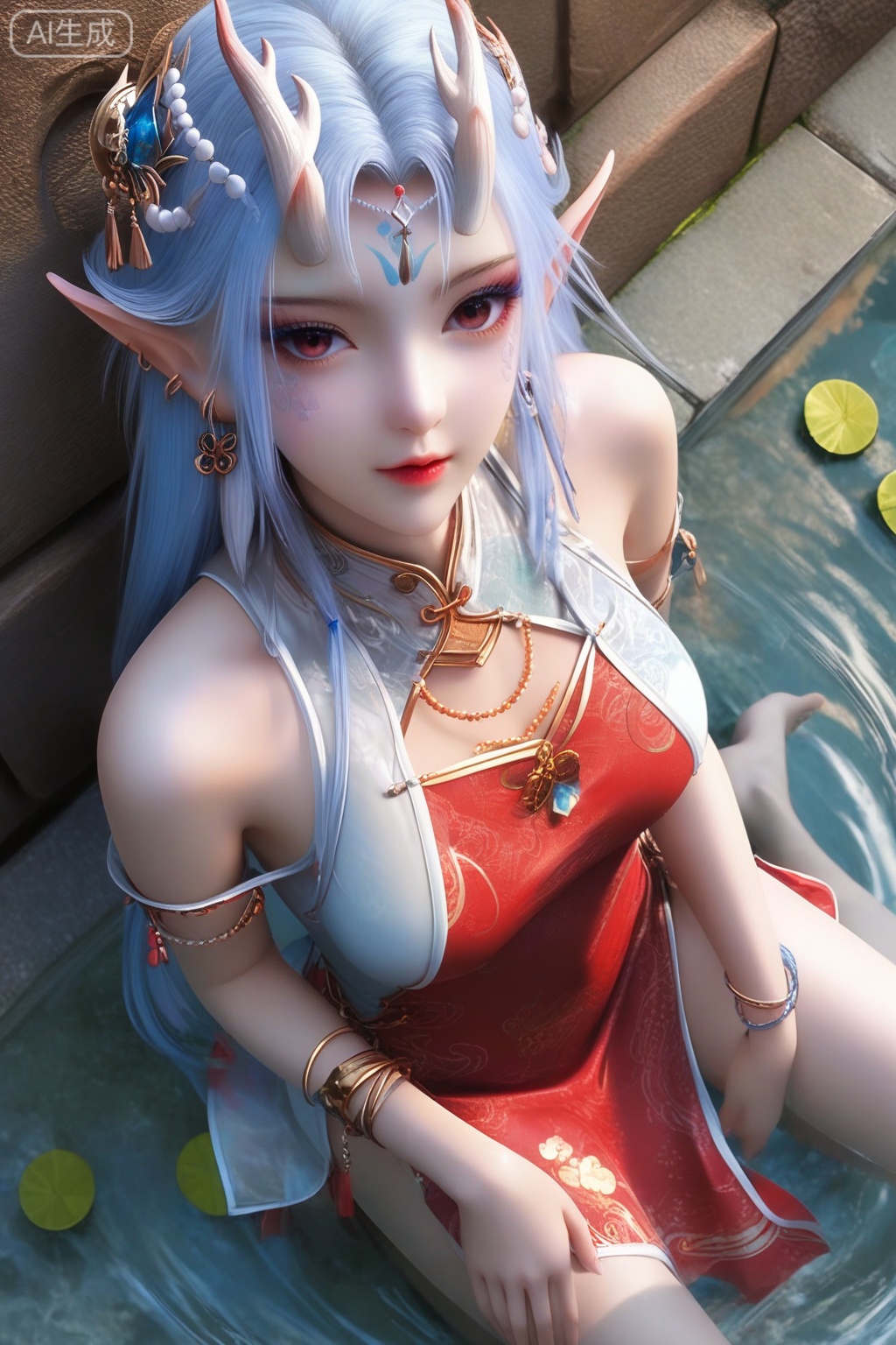 masterpiece, best quality, masterpiece,best quality,official art,extremely detailed CG unity 8k wallpaper,1girl,solo,long hair,looking at viewer,hair ornament,jewelry,blue hair,white hair,earrings,horns,pointy ears,dragon horns,elf,facial mark,forehead mark,facial scales,bracelet,gem,solo focus,barefoot,water,against wall,anklet,(chinese clothes),(china dress:1.3),tassel,fringe trim,(red dress:1.15),white dress,bare shoulders,off shoulder,white skin,from above,water,in water,