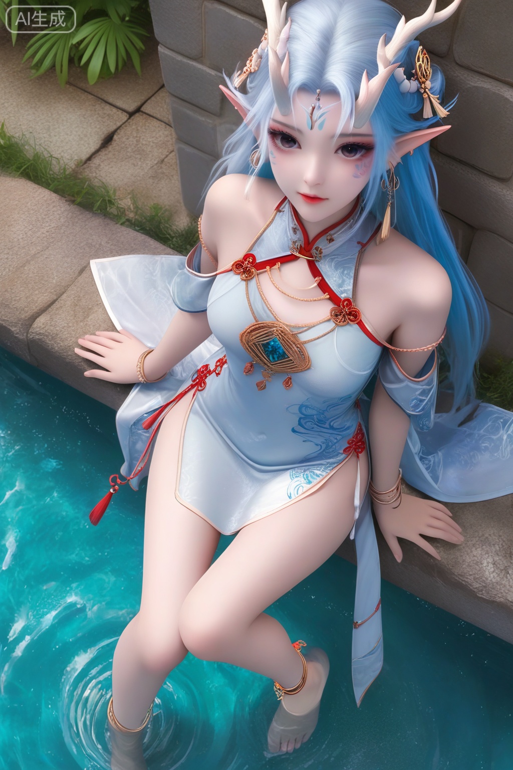 masterpiece, best quality, masterpiece,best quality,official art,extremely detailed CG unity 8k wallpaper,1girl,solo,long hair,looking at viewer,hair ornament,jewelry,blue hair,white hair,earrings,horns,pointy ears,dragon horns,elf,facial mark,forehead mark,facial scales,bracelet,gem,solo focus,barefoot,water,against wall,anklet,(chinese clothes),(china dress:1.3),tassel,fringe trim,(red dress:1.15),white dress,bare shoulders,off shoulder,white skin,from above,water,in water,