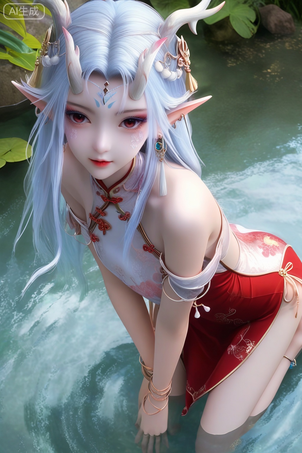 masterpiece, best quality, masterpiece,best quality,official art,extremely detailed CG unity 8k wallpaper,1girl,solo,long hair,looking at viewer,hair ornament,jewelry,blue hair,white hair,earrings,horns,pointy ears,dragon horns,elf,facial mark,forehead mark,facial scales,bracelet,gem,solo focus,barefoot,water,against wall,anklet,(chinese clothes),(china dress:1.3),tassel,fringe trim,(red dress:1.15),white dress,bare shoulders,off shoulder,white skin,from above,water,in water,