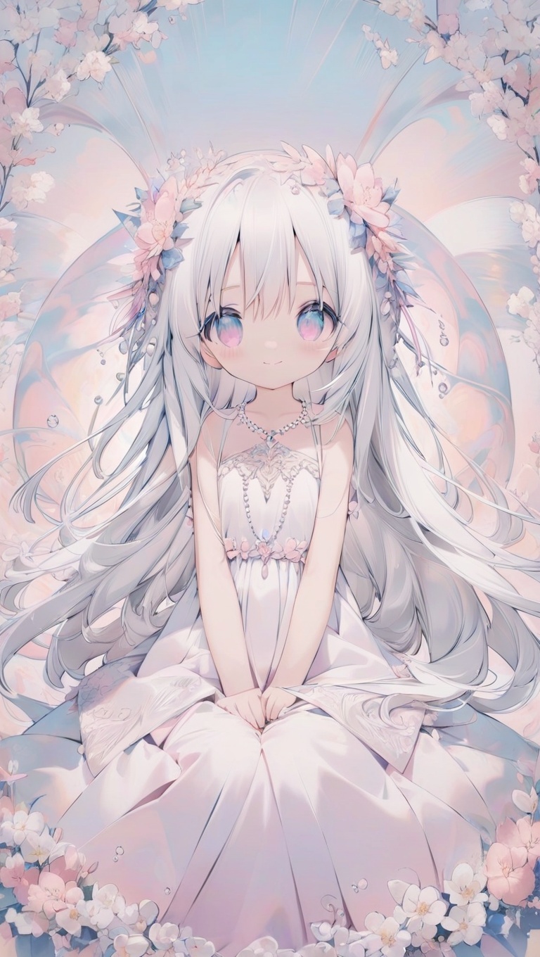 Ultimate cute anime girl sitting peacefully,  long silky hair,  pearl white hair color on Tensor.Art