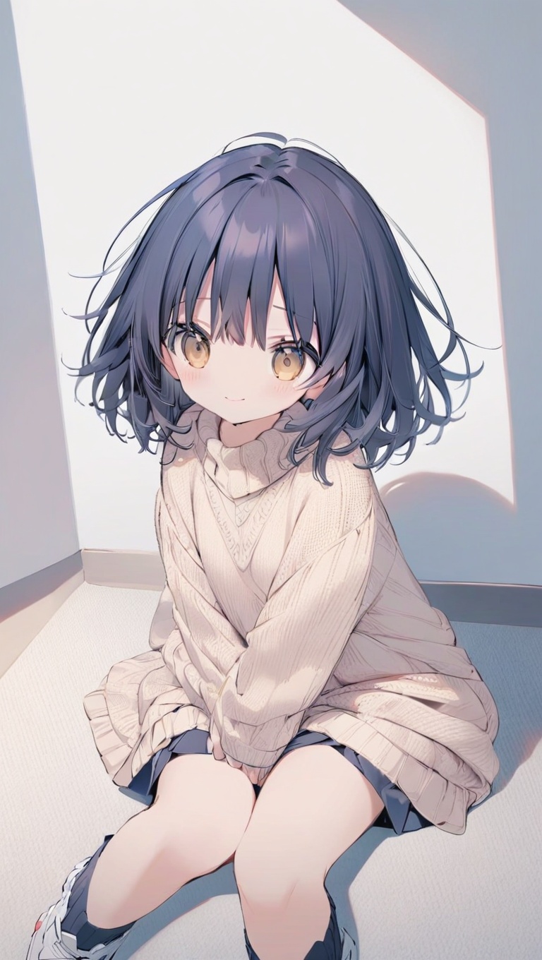 Cute anime girl sitting on the floor hugging her knees,  gentle smile,  wavy medium hair on Tensor.Art