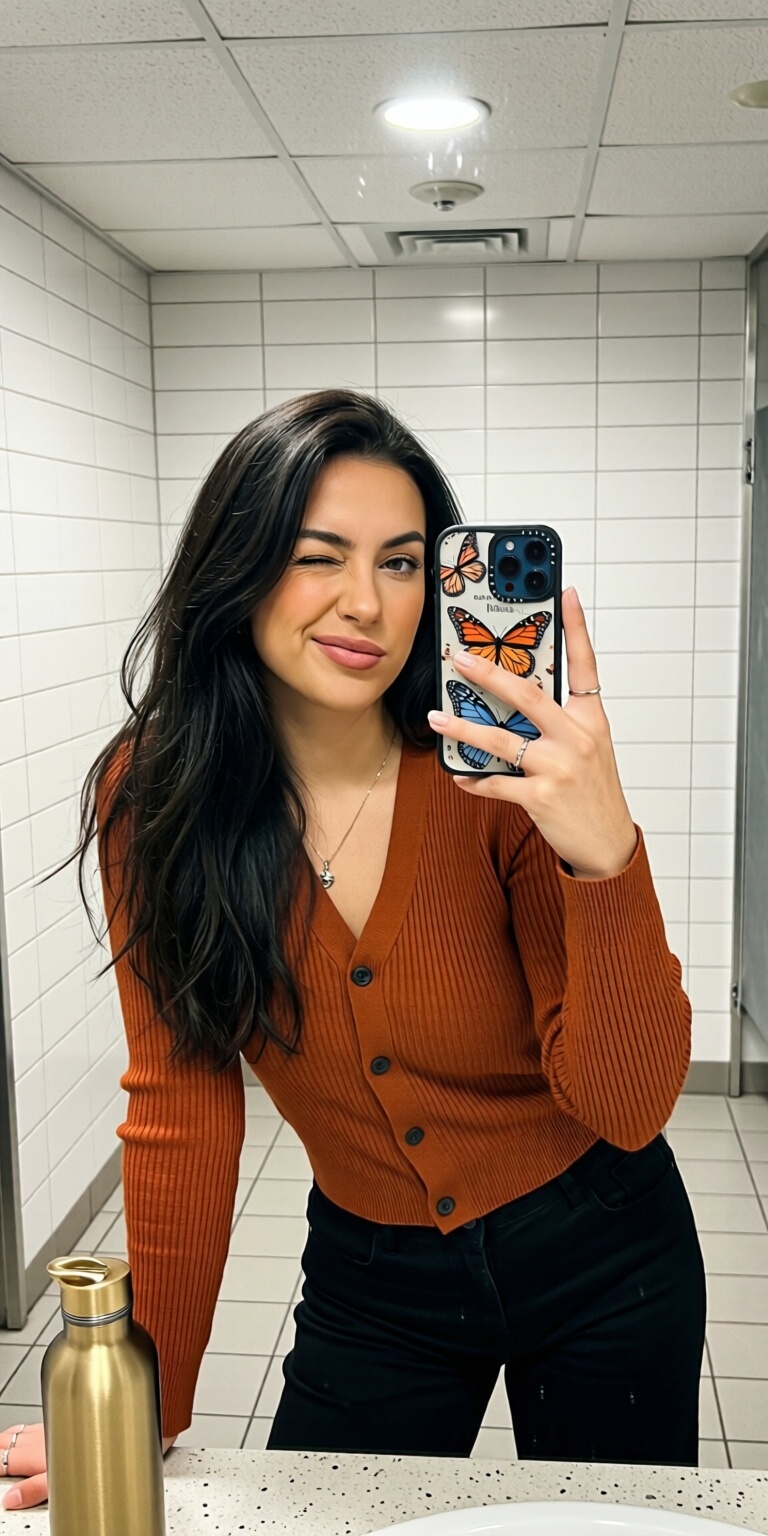 a person taking a selfie in a bathroom mirror. The background consists of white tiled walls and floor,  with ceiling light...