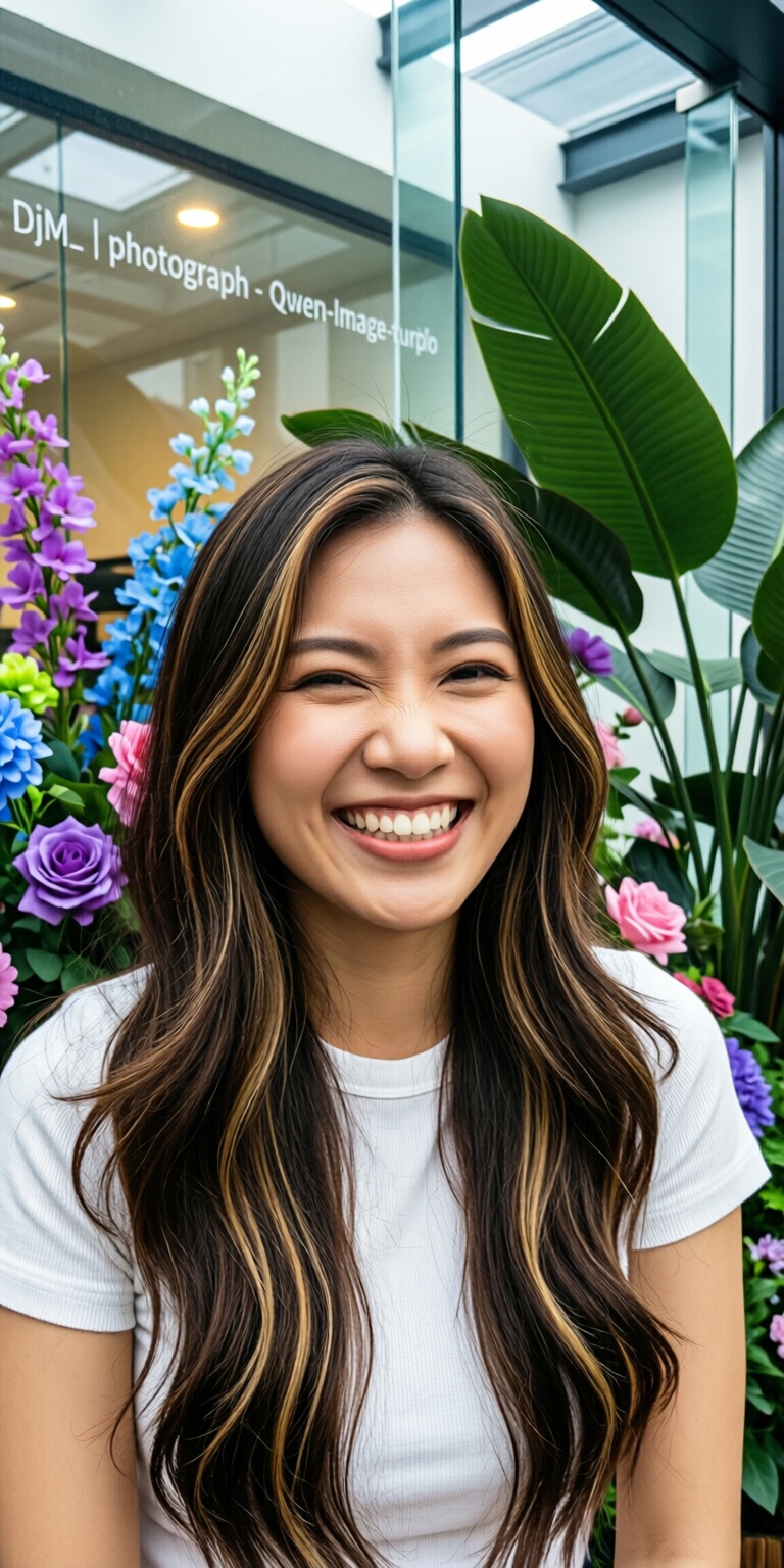 A young woman with long,  dark brown hair that has lighter brown highlights is smiling widely,  her eyes squinted in joy....