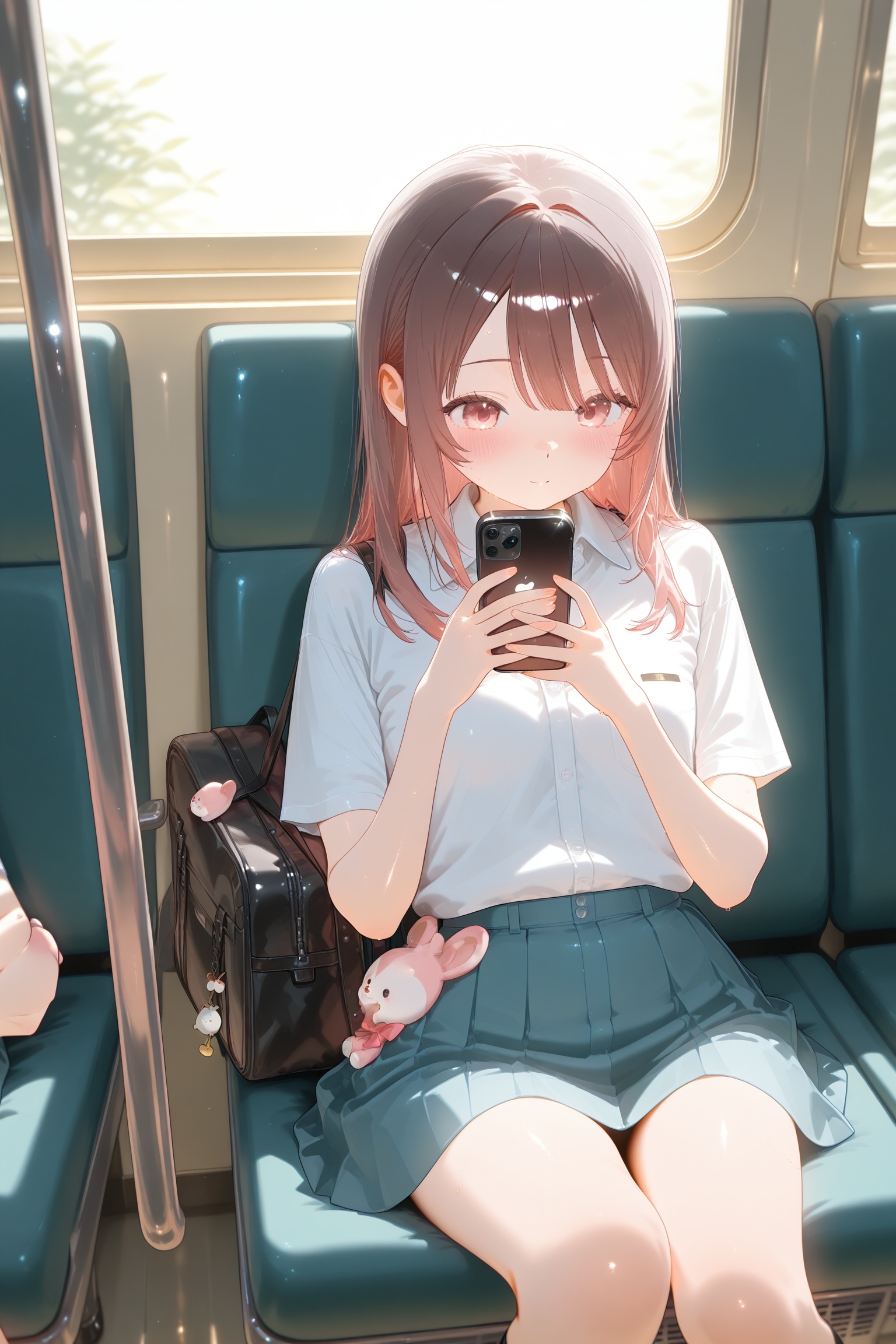 Young girl sitting on a bus,  natural lighting from window,  iPhone XS on Tensor.Art