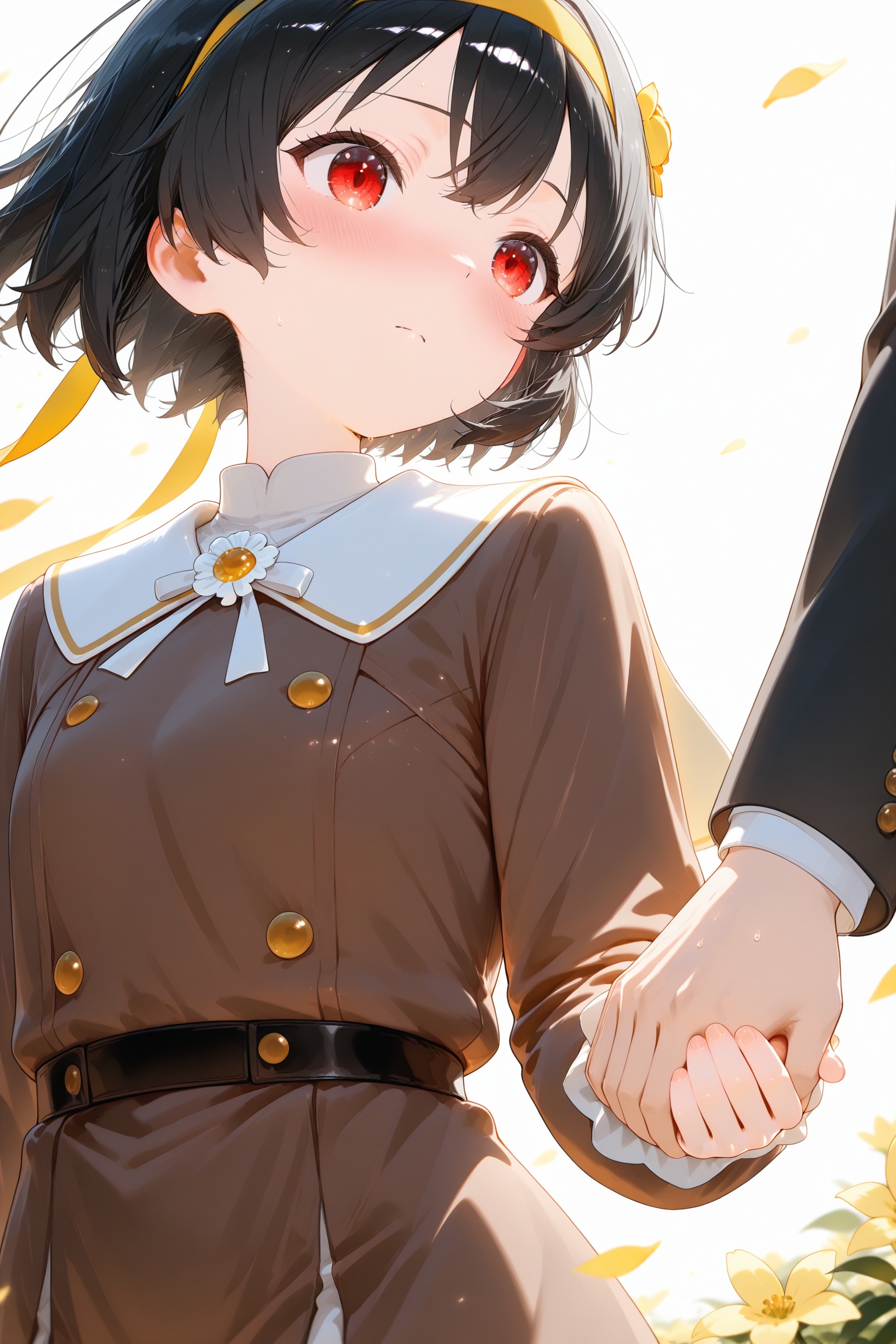 An anime-style illustration of a young girl with short black hair and striking red eyes,  wearing a brown dress with a whi...