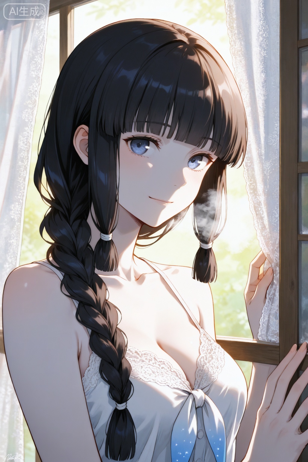 Dramatic Lighting,Cinematic Lighting,Detailed background,more details,
flat, colorful, (high contrast), cosmic glow, colorful gradient outline, drop shadow. **Tags:** 1girl, lace, sunlight, window, condensation, fingertips, silk, dustmotes, intimate, quiet, pale skin, diffused light, melancholic, reflection, stillness, vintage, breath, shadows, soft focus, close-up, linen, antique. Sunlight warms her pale shoulders as fingertips trace the delicate embroidery of aged lace curtains through a window thick with condensation; dustmotes dance in the beams. A silken scarf pools around her neck, its texture subtly contrasting against her bare skin; shadows deepen the hollows of her throat.artist name black hair blue eyes blunt bangs braid breasts character name closed mouth collarbone commentary request kantai collection kitakami \(kancolle\) kitakami kai ni \(kancolle\) light smile long hair looking at viewer medium breasts neckerchief omoomomo remodel \(kantai collection\) revision school uniform serafuku signature single braid solo star \(symbol\) star symbol background upper body white neckerchief>.Lighting is rim light, hard light, deep contrast, cinematic chiaroscuro, barn doors. Colors are light beige base and electric indigo gradient.masterpiece, best quality.