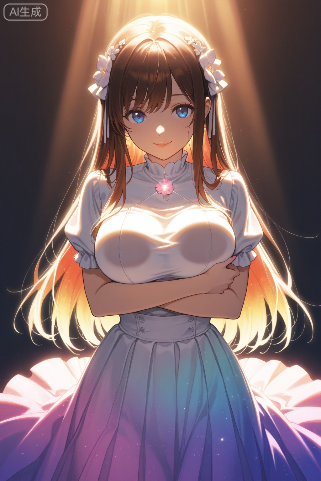 Dramatic Lighting,Cinematic Lighting,Detailed background,more details, 
flat, colorful, (high contrast), cosmic glow, colorful gradient outline, drop shadow.Arisaka Hatsune's fingertips graze the linen of a long, flowing skirt as she leans over a steaming pot. Blue eyes gleam in the warm kitchen light, catching condensation on nearby glass. A faint smile plays upon her lips; sunlight highlights the curve of her breast hold and the soft fall of brown hair against her skin. Lighting is fog lighting, golden hour light, warm light, backlight, scattered light, god rays. Colors are manilla cream base and violet pink gradient.masterpiece, best quality.