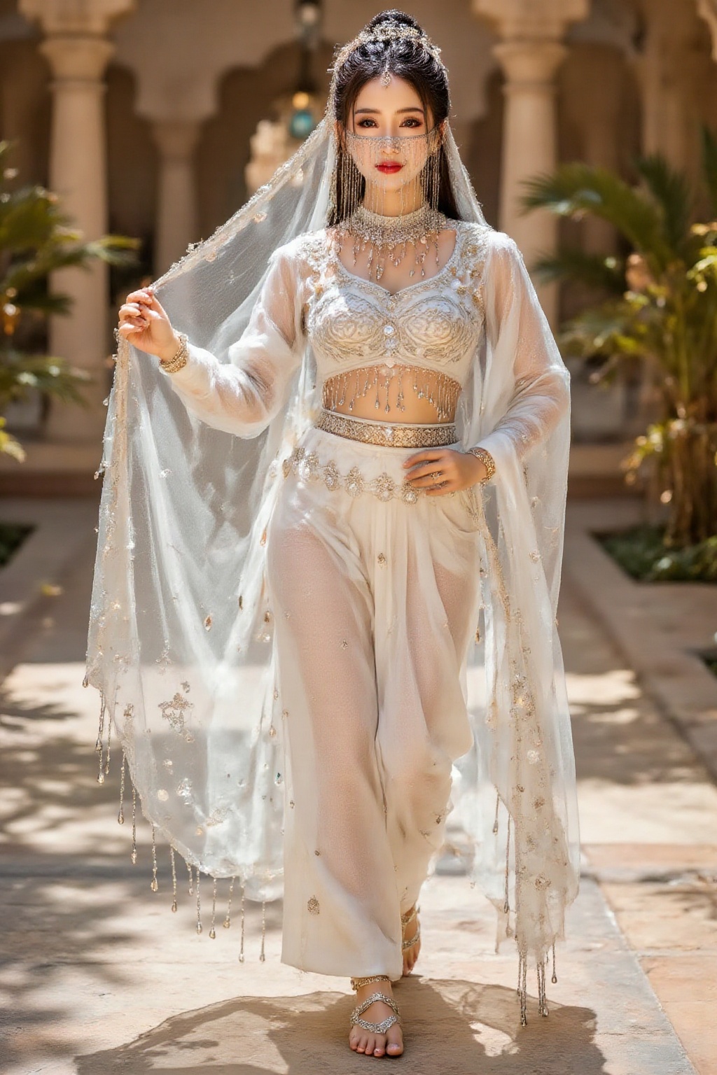 Top quality. Inspiration: Veil,  Sari. Image: Close-up: A princess with long brown hair styled in a bun and bright yellow...