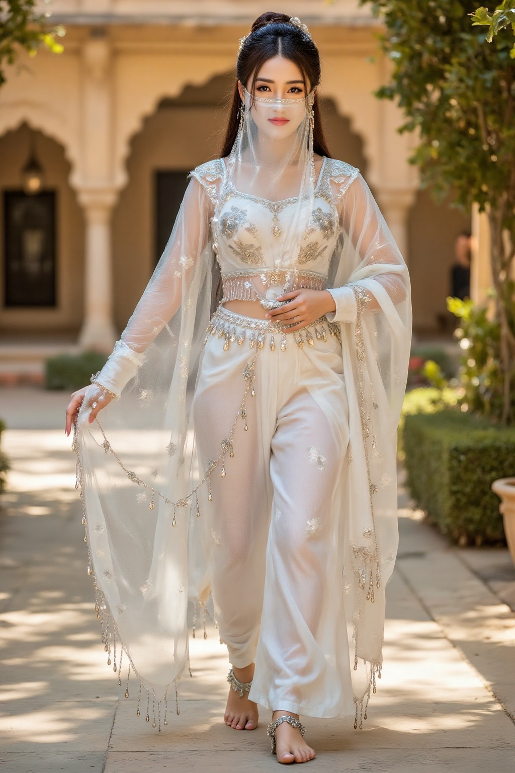 Top quality. Inspiration: Veil,  Sari. Image: Close-up: A princess with long brown hair styled in a bun and bright yellow...